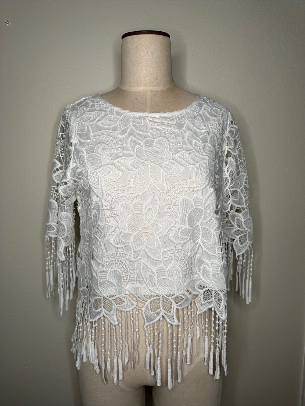 bar lll Med. stretch lining  open lace top w/fringe 3/4 sleeves & bodice hem